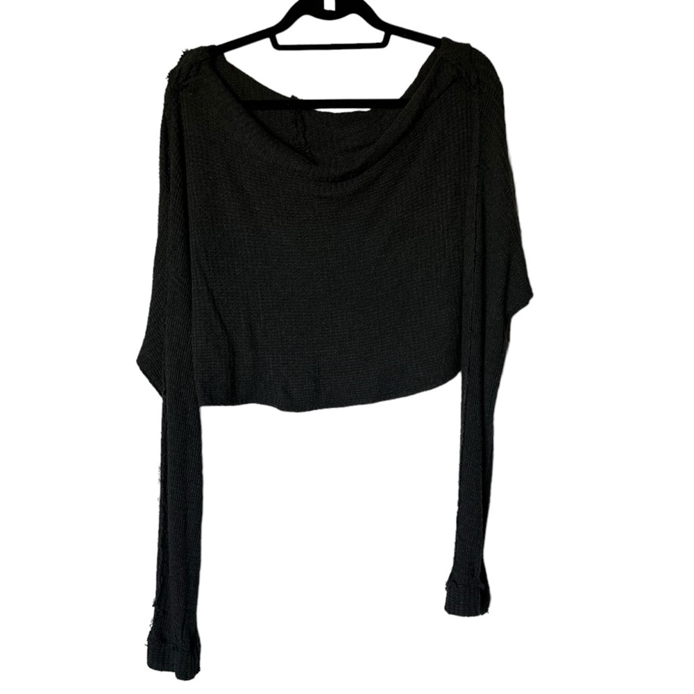 By Together Slouchy Off The Shoulder Grey Waffle Knit Crop Long Sleeve Top Med